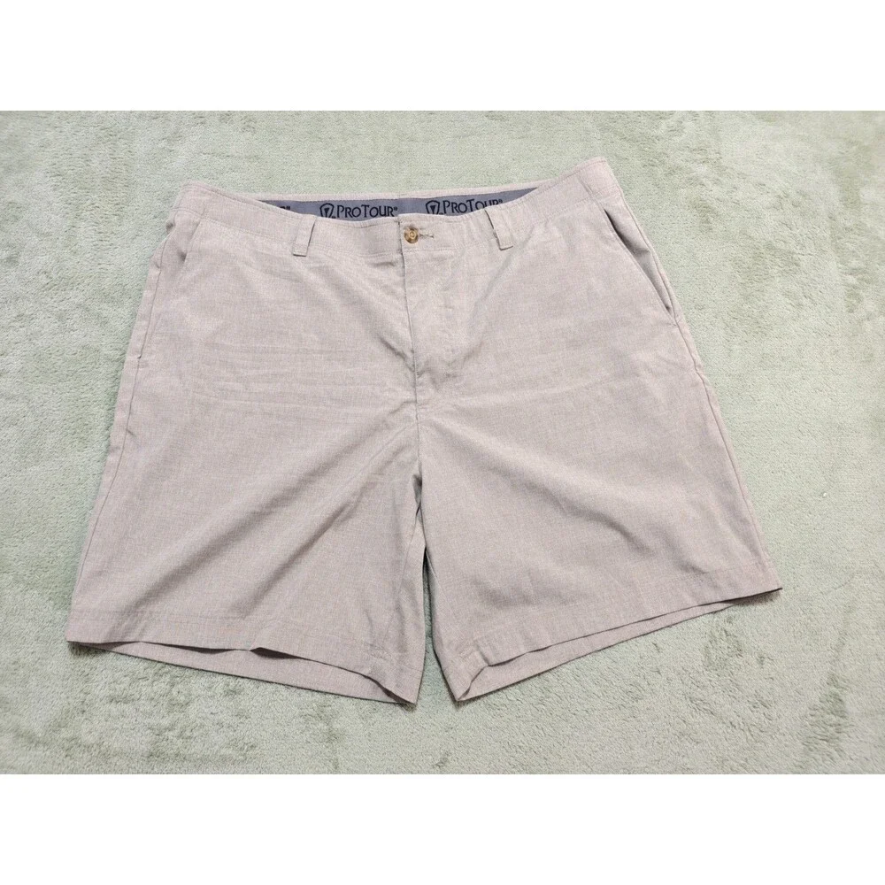 Pro Tour Mens Size 38 Golf Shorts Khaki Heather Stretch Flat Front Lightweight